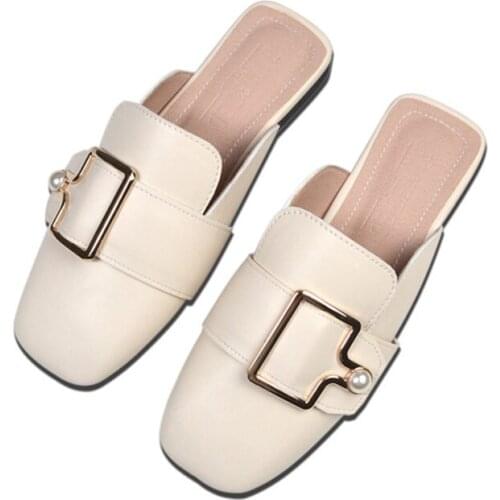Womens Spring Lazy Slippers Fashion Ladies Leather Pearl Metal Buckle Low Heel Sandals Big Size 32-43 Female Women Mules Shoes