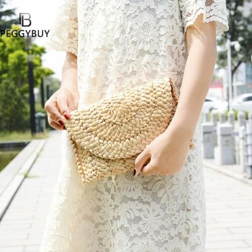 Women Corn Skin Clutch Bag Straw Female Flap Button Lock Bag Woven Casual Coin Purse Ladies Evening Party Hand Clutch