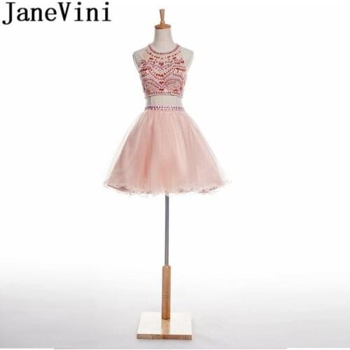 JaneVini Two Pieces A Line Crystal Homecoming Dresses Formal Beaded Pearls Backless Tulle Bridesmaid Dresses Short Kurze Kleider