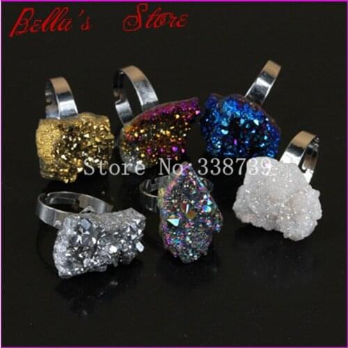 10pcs Mixed Rainbow Titanium druzy Ring Bezel Ring Unique Semi Precious Crystal Quartz Druzy Ring Gems Drusy Ring