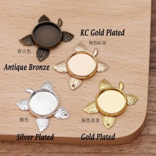 100pcs hanging leaf into 12mm round cabochon tray pendant bezel blank pendant base jewelry settings