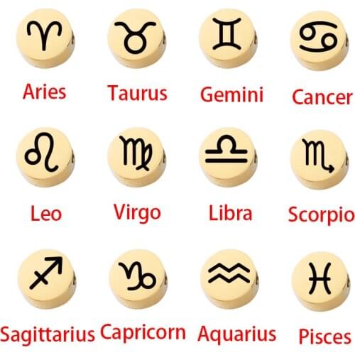 12pcs/Lot Constellation Round Beads Whole Twelve Signs Mirror Polish Stainless Steel For DIY Making Necklaces Bracelets