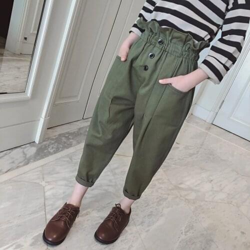Ruffles high waist big kids girls pants autumn spring kids clothes trousers school pants for girls solid color green brown