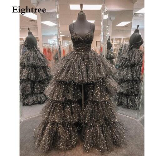 Eightree Black/Gold Stars Long Ruffles Prom Dresses Sparkly Sequines A-Line Spaghetti Evening Dress Tulle Formal Party Gowns