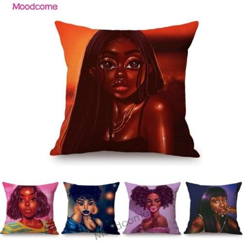 Fashion Cartoon Girl Black Art African Funky Ladies Sofa Throw Pillow Case Cotton Linen Minority Africa Comics Cushion Cover
