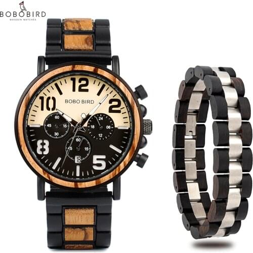 Relogio masculino BOBO BIRD Wooden Stainless Steel Watch Bracelet Men Gift Set Water Resistant Chronograph Watches Drop Shipping