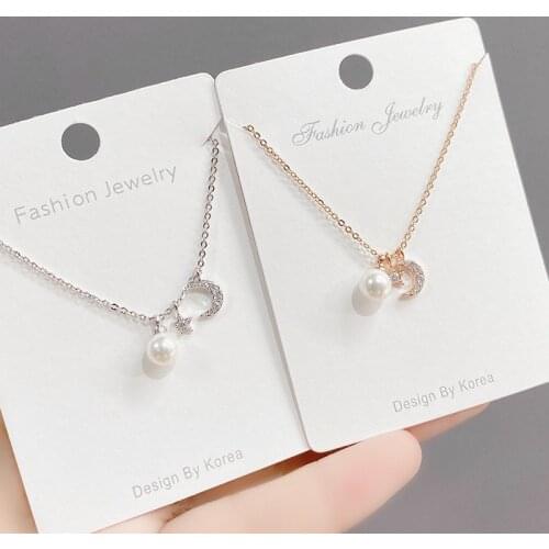 Trendy Simple Sweet Shiny Zircon Pearl Bead Star Moon Pendant Necklace For Women Temperament Elegant Jewelry Gift Clavicle Chain