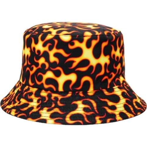 Fashion Harajuku Reversible Bucket Hat Fire flame Print Fisherman Hat Hip Hop Panama Bob Chapeau Men Women
