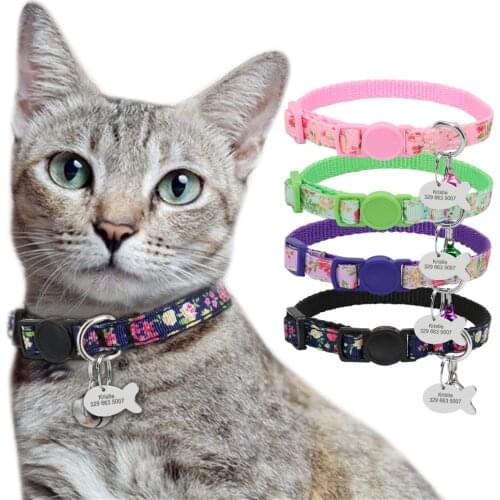 Personalized Cat ID Tag Collar Quick Release Pet Puppy Kitten Collars With Bell Safety Adjustable For Small Dogs Cats Pets Pink