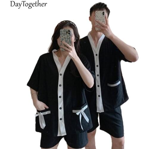 Couples Pajamas Set Woman Short-sleeved Shirts Shorts Cotton Summer Cardigan Man Home Clothes Sleepwear
