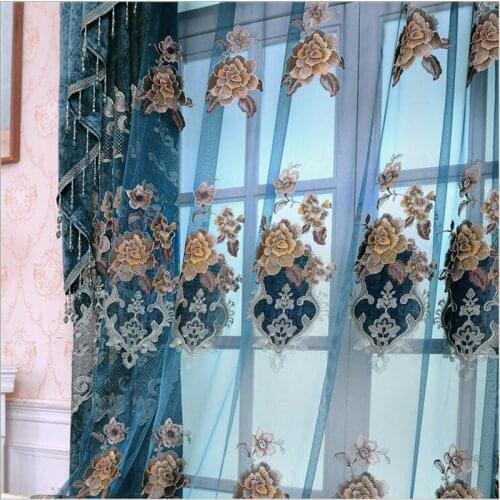 Luxury European Chenille Curtains for Living Room Blue Floral Hollow Out Semi-Blackout Window Treatment Drapes zh459C