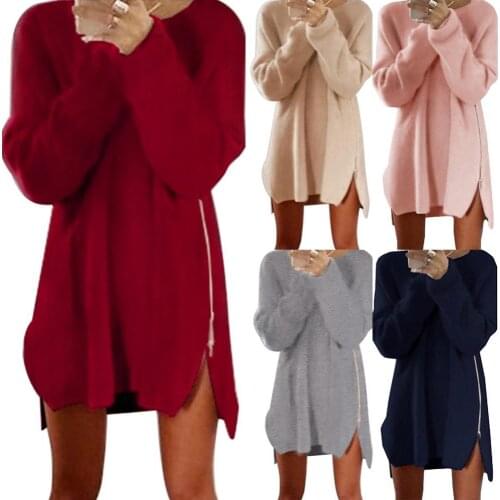 Wholesales Chic Autumn Women Solid Color Long Sleeve Zipper Slit Side Loose Sweater Dress