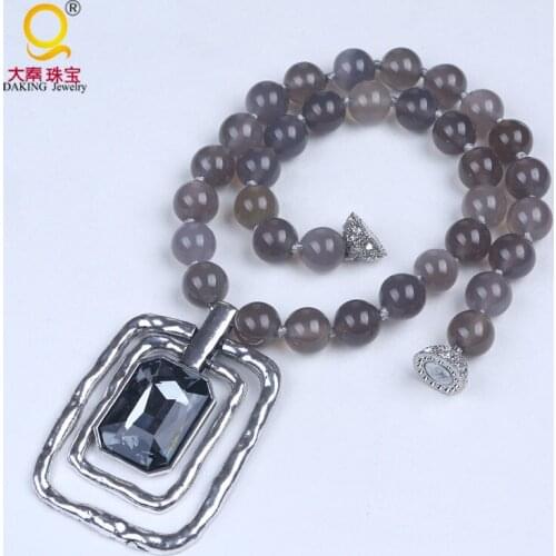 Modern gray stone smooth round beads necklace pendant necklace with magnetic clasp handmade jewelry stone jewelry