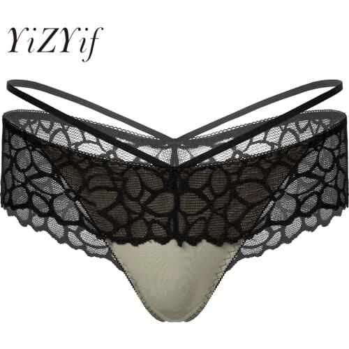 Mens Lingerie T-back Thongs Panties Low Rise Floral Lace Skirted Underpants Elastic Waistband G-string Briefs Sissy Underwear