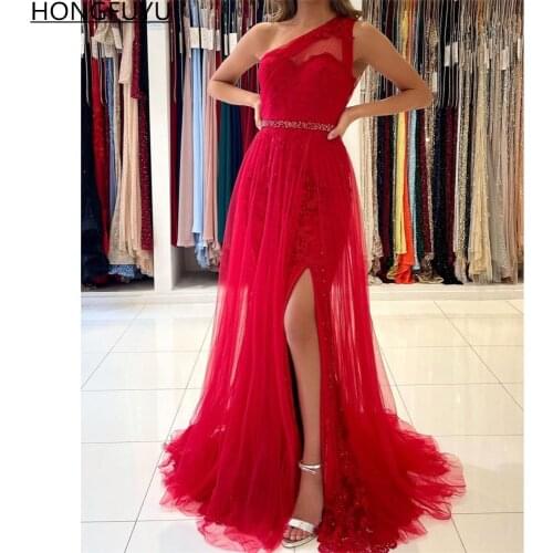 HONGFUYU One Shoulder Red Tulle Evening Dresses Side Slit Prom Formal Dress Party Gowns Floor Length robe de soirée de mariage