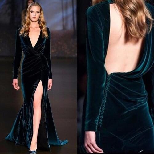 2019 V Neck Velvet Long Sleeves Evening Dresses Ruched Backless Split Sheath Backless Runway Formal Party Evening Gowns