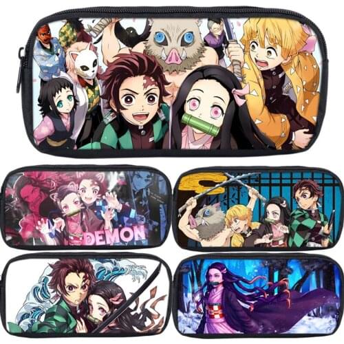 Large Capacity Demon Slayer Pencil Bag Kawaii Makeup Bag Kamado Tanjirou Pencil Case Canvas Pencilcase Boys Girls Stationery Bag