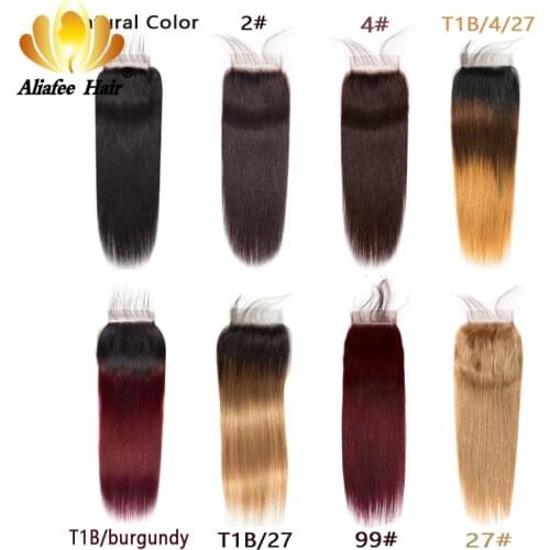 Aliafee Hair Natural Color/#2/#4/#27/#99/#Burgundy 4*4 Lace Closure Brazilian Straight Hair 130% Density Remy Human Hair 8''-20"