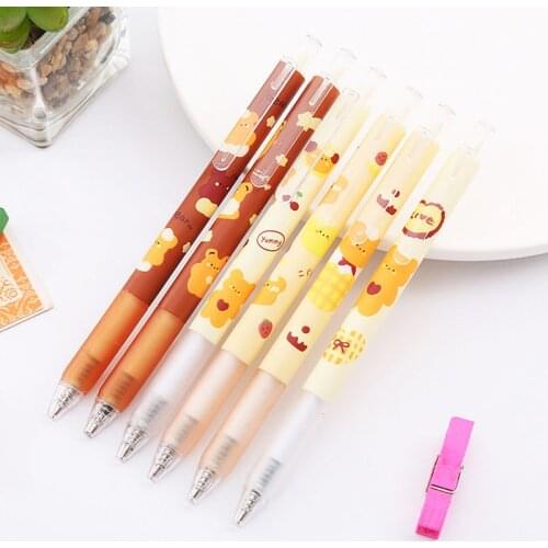 6Pcs/Set Cute Cartoon Bear Gel Pen Kawaii Girls Retractable 0.5mm Black Ink Signature Writing Pens School Office Stationery