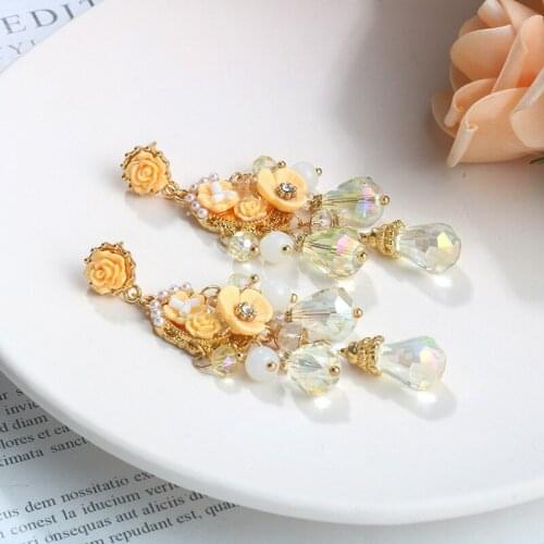 Retro Yellow Flower Crystal Earrings South Korea 2021 New Long Tassel Temperament Noble All-Match Elegant Jewelry Female