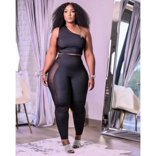 2021 New Arrival Fashion Design 2 pcs Mesh Women Set Patchwork Strapless Short Tops Long Pants Summer Sexy Outfits