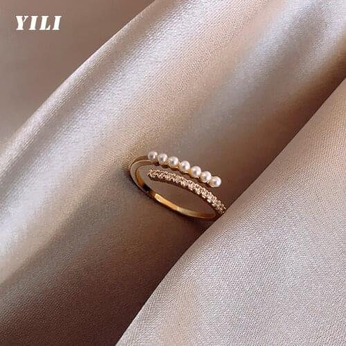 2021 New Korean Metal Pearl Open Ring Simple Fashion Micro-inlaid Zircon Opening Rings for Female Party Jewelry