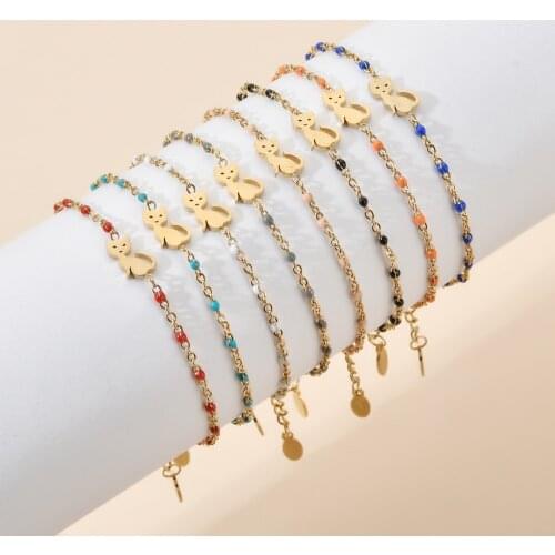 ZMZY Boho Enamel Chain Stainless Steel Bracelet Girls Gift Cat Cute Animal Bangles Bracelets For Women Jewelry