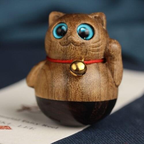 Golden Nanmu Cute Tumbler Lucky Cat Creative Writing Handpiece Mobile Phone Pendant Gift Paperweight Center Office Desk Decor