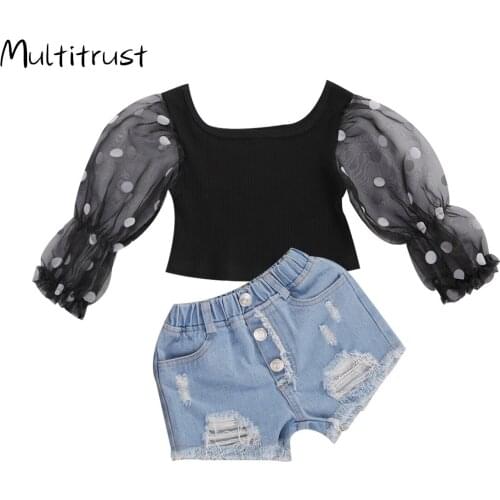 2Pcs Toddler Baby Girls Outfits Flare Long Sleeve Top Blouse Denim Short Pants Clothes Set Children Costumes