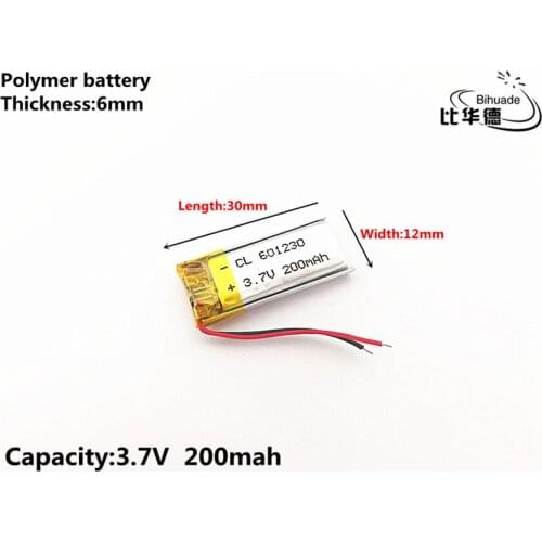 2pcs/lot 3.7V,200mAH,601230 Polymer lithium ion / Li-ion battery for TOY,POWER BANK,GPS,mp3,mp4