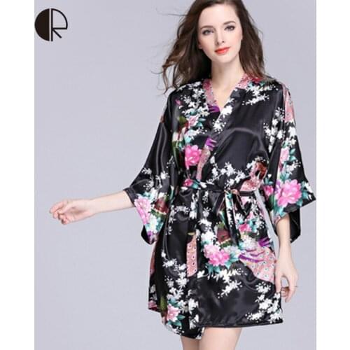 2016 Summer Silk Kimono Robes Bathrobe Women Satin Robe Longue Femme Print Peacock Sleepwear Sexy Night Grow Plus BIg Size AP343