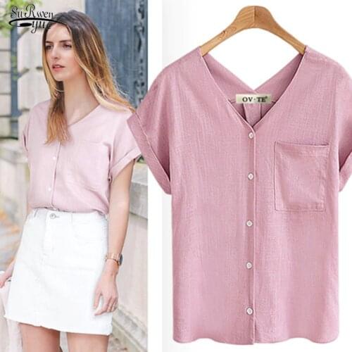 2021 Summer New Plus Size 5XL Simple Style Casual blouse V-neck Solid Color Cotton Shirts Women Summer Tops Women 9473 50