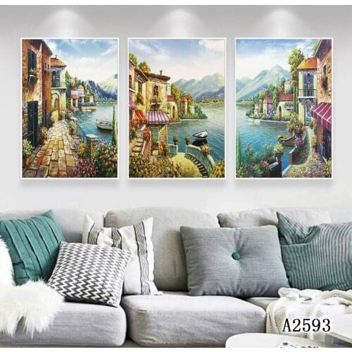 Modern Abstract Oil Painting Print on Canvas 3pcs Mediterranean Sea Landscape Canvas Printing Wall Art Picture for Home Decor