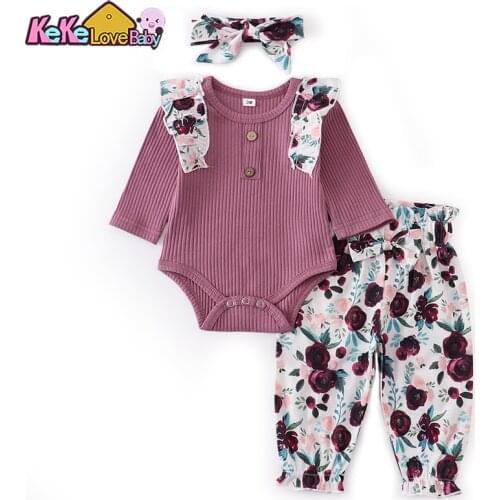 3Pcs Autumn Baby Girl Clothes Set Fashion Ruffle Knitting Purple Romper Floral Pants Headband For Newborn Infant Toddler Outfit