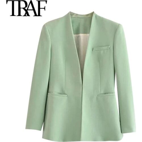 TRAF Women Fashion Office Wear Collarless Blazer Coat Vintage Long Sleeve Welt Pockets Female Outerwear Chic Veste