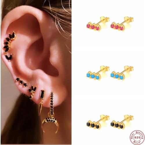 BOAKO 925 Sterling Silver Gold Three Zircon Stud Earrings Crystal Line Ear Stud Piercing Ohrringe Pendientes European Jewelry