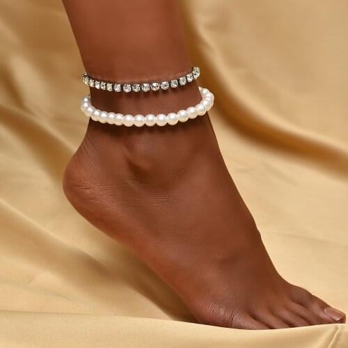Boho Foot Double layer Crystal Pearl Chain Ankle Summer Bracelet Charm Sandals Barefoot Beach Foot Bridal Jewelry A043