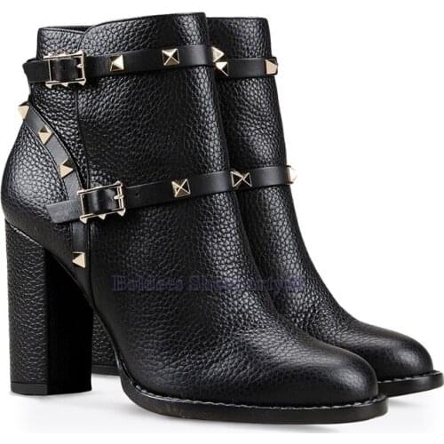 Round Toe Side Zipper Buckle Rivet Black Grey Leather Bootie High Heels Ankle Boots Women Gladiator High Heel Boot Womans Shoes