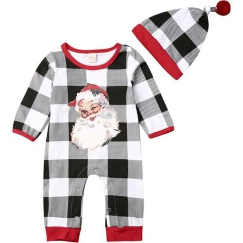 Baby Romper 2019 Infant Baby Boy Girl Clothes Santa Claus Plaid Long Sleeve Romper Jumpsuit Hat Outfit Set