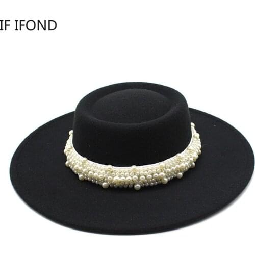 Ladies French Elegant Autumn Winter Derby Top Hat 8.5CM Wide Brim Felt Fedoras Hat with pearl Retro Party Wedding Cap