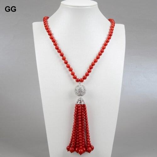 GG Jewelry Long 24" Red Round Coral Sweater Chain Necklace CZ Pendant Vintage Fashion For Women Jewelry
