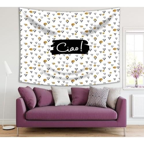Tapestry Ciao Fun Hand Drawn Calligraphic Style Artwork with Triangle Shapes and Gold Dots Hello in Italian
