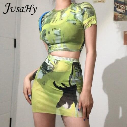 JusaHy Y2K Summer Two Piece Sets Short Sleeves Tee Shirt And Mini Skirts Green Irregular Print for Women Casual Streetwear New