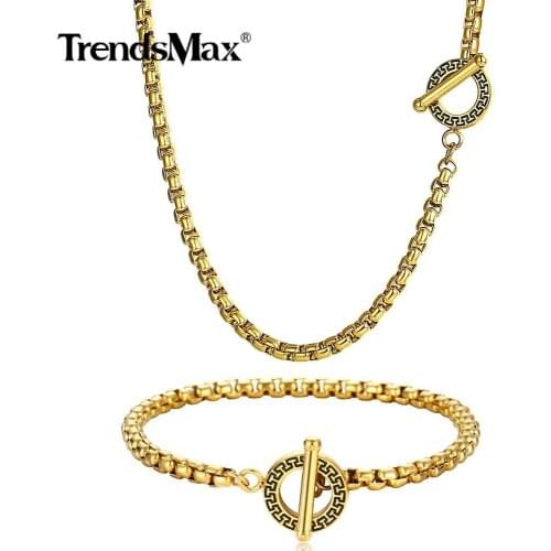 2019 Fashion Necklace Bracelet Set Gold Color Stainless Steel for Men Women Box Link Chain Unique Pattern Male Jewelry Set TSS09