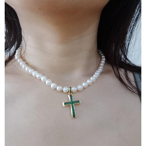 White pearl round necklace+zircon cross pendant chocker necklace red/blue/green freshwater pearl near round FPPJ