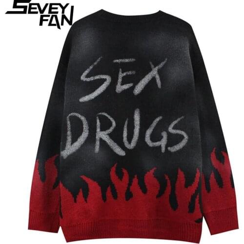 Seveyfan Mens Fashion Pentagram Flame Printed Sweater Streetwear Hip Hop Oversize Pullover Knitwear for Couples