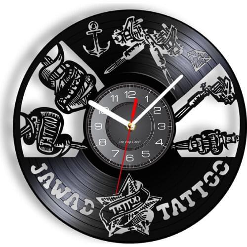 Tattoo Studio Wall Sign Tattoo Salon Vinyl Record Mute Wall Clock Watch Shop Tattoo Machine Wall Art Decor Hipster Men Gift