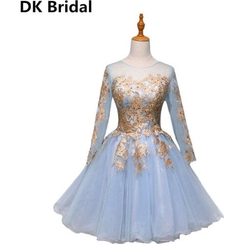 2020 New Charming Short Homecoming Dresses Simple Scoop Long Illusion Sleeves Party Dresses Gold Applique Prom Cocktail Dresses