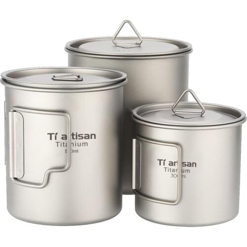 Tiartisan New arrival Outdoor 550ml Titanium Mug Camping titanium cup Foldable Handle Titanium Pot Set 300ml 750ml with Lid
