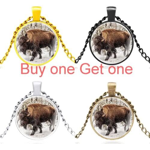 High Quality Us American Bison Pattern Glass Dome Pendant Necklace Men Women Charm Jewelry Accessories Gifts
